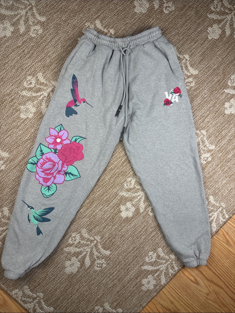 YoungLA Gray Sweatpants with Pink Floral & Teal Hummingbird Accents